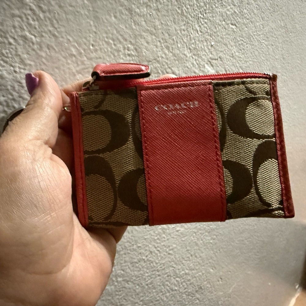 Coach Red and Brown Signature Card Wallet